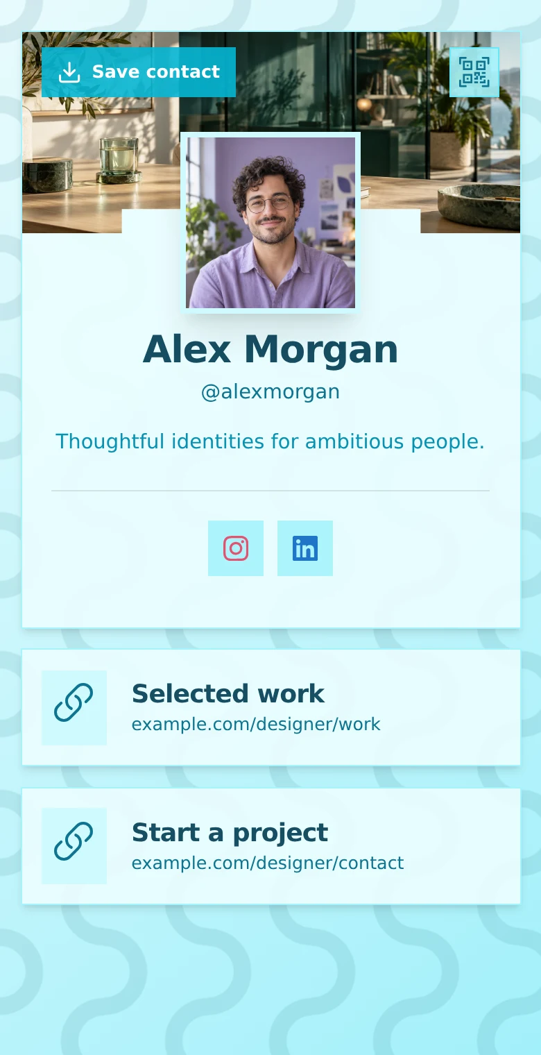 Alex Morgan’s profile: Cyan · Portrait. The same introduction, Selected work, and Start a project links in every design.