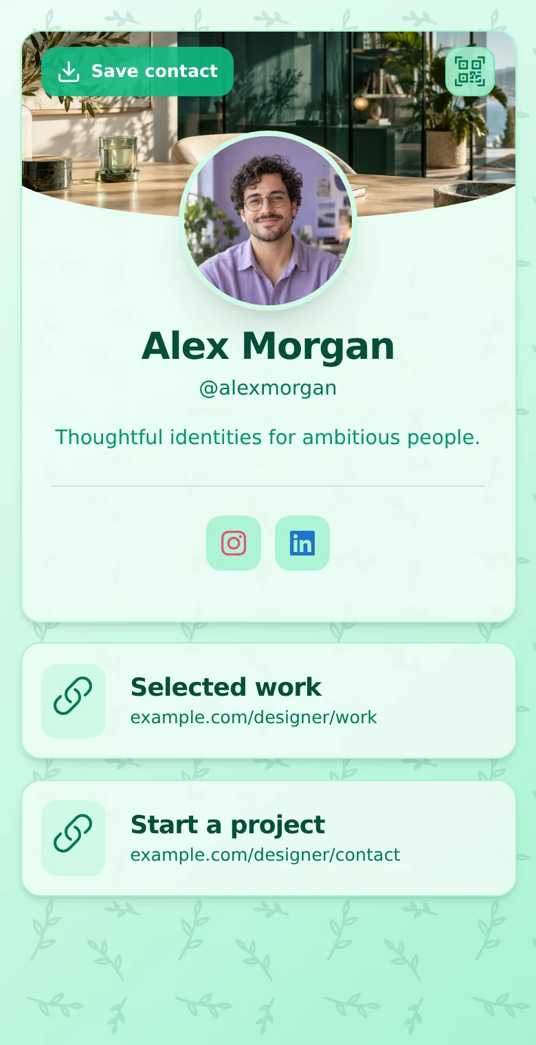 Alex Morgan’s profile: Emerald · Portrait. The same introduction, Selected work, and Start a project links in every design.