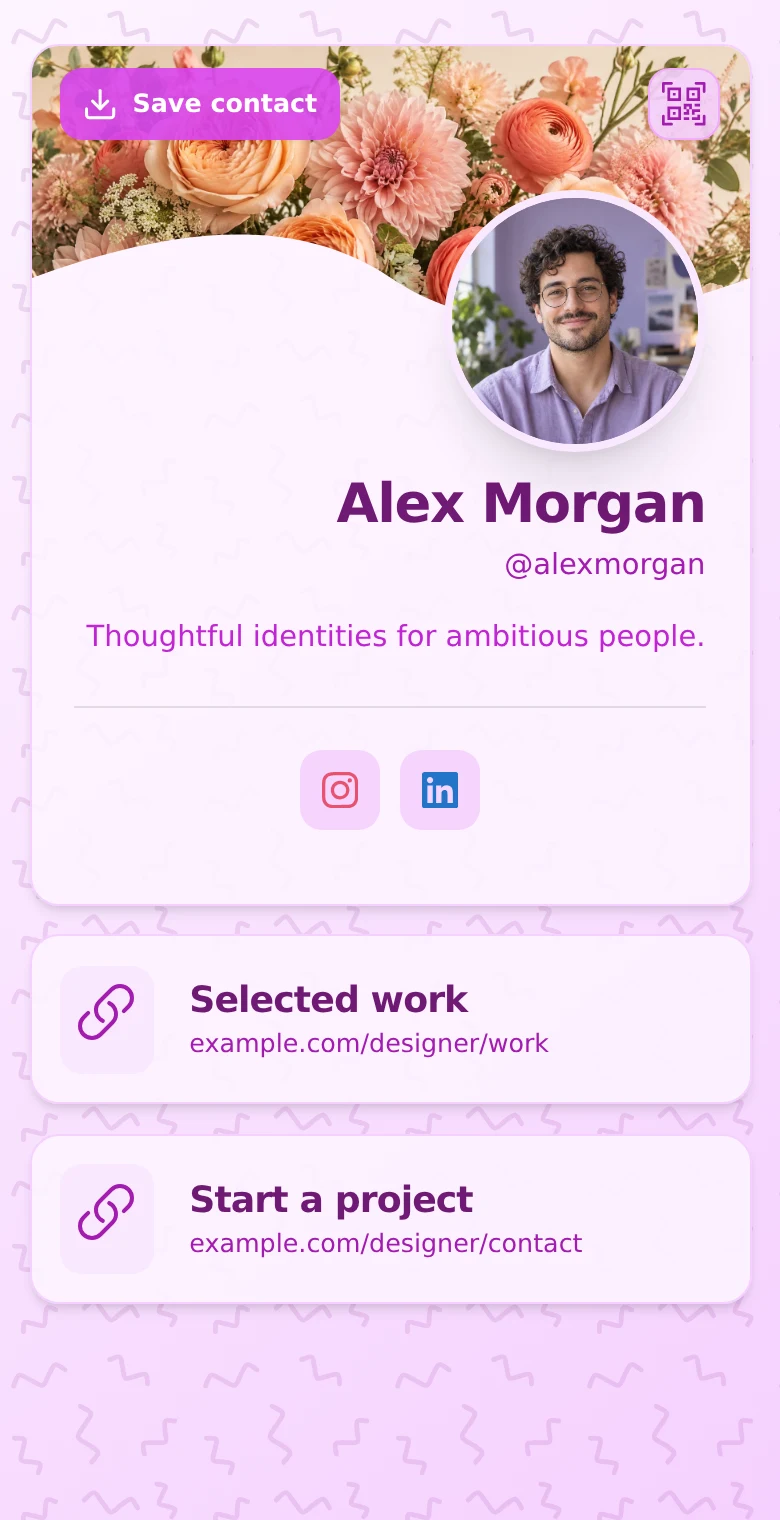 Alex Morgan’s profile: Fuchsia · Portrait. The same introduction, Selected work, and Start a project links in every design.