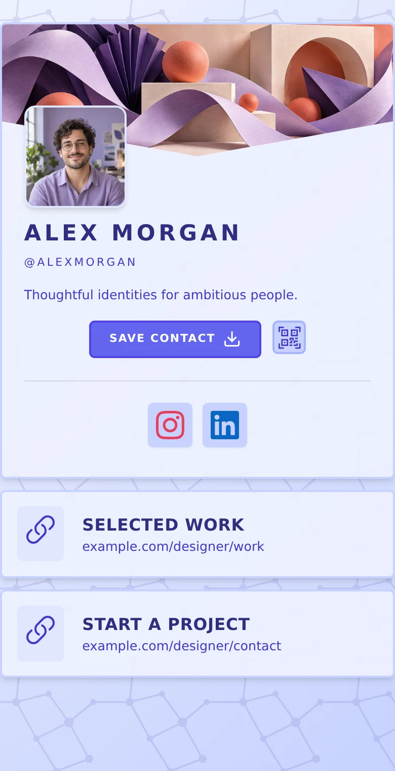 Alex Morgan’s profile: Indigo · Editorial. The same introduction, Selected work, and Start a project links in every design.