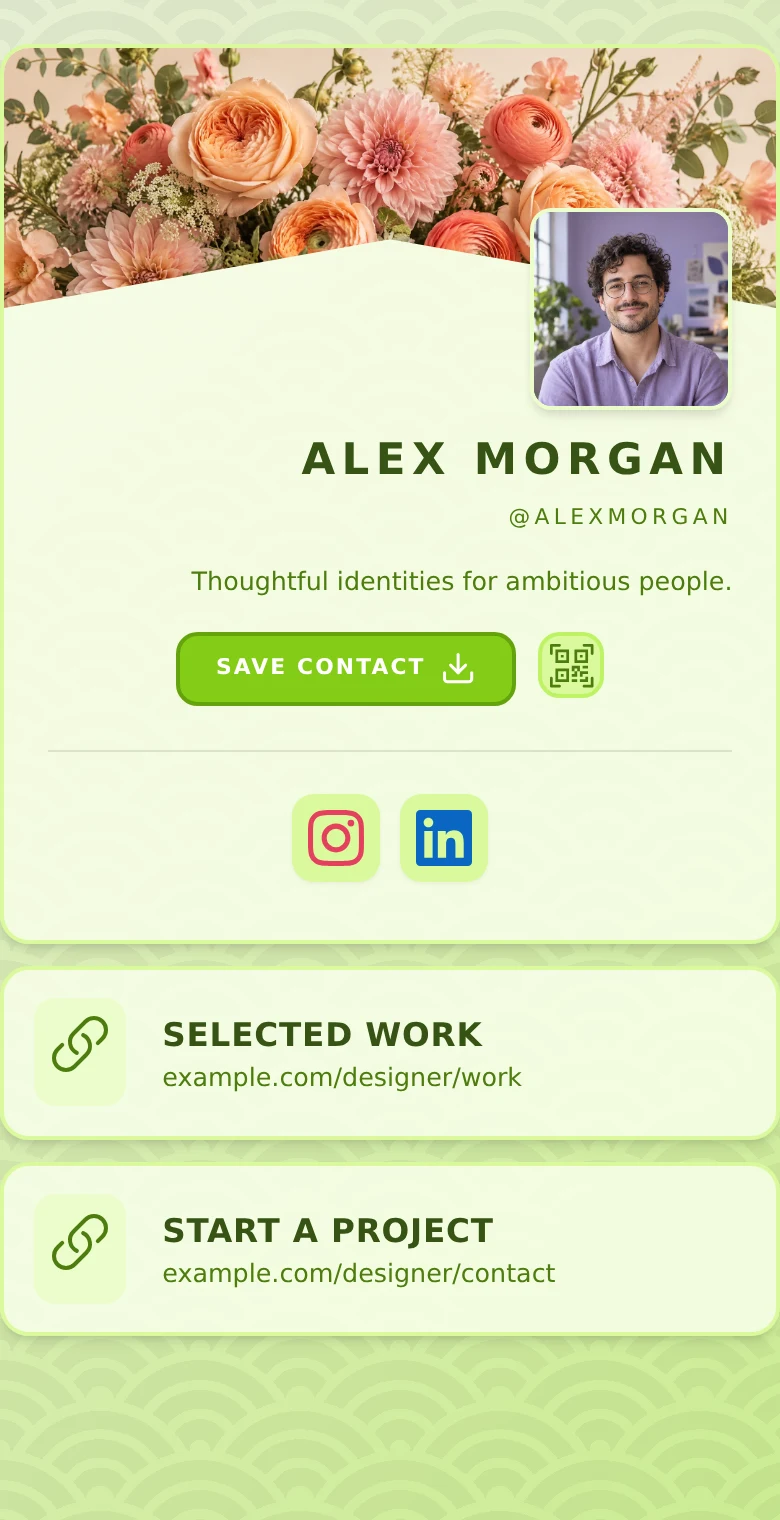 Alex Morgan’s profile: Lime · Editorial. The same introduction, Selected work, and Start a project links in every design.