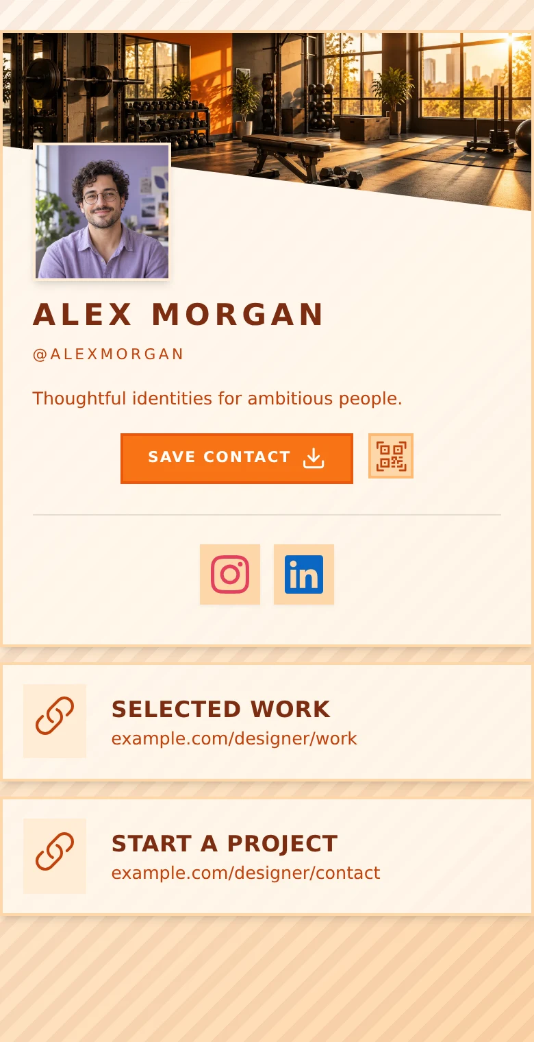 Alex Morgan’s profile: Orange · Editorial. The same introduction, Selected work, and Start a project links in every design.