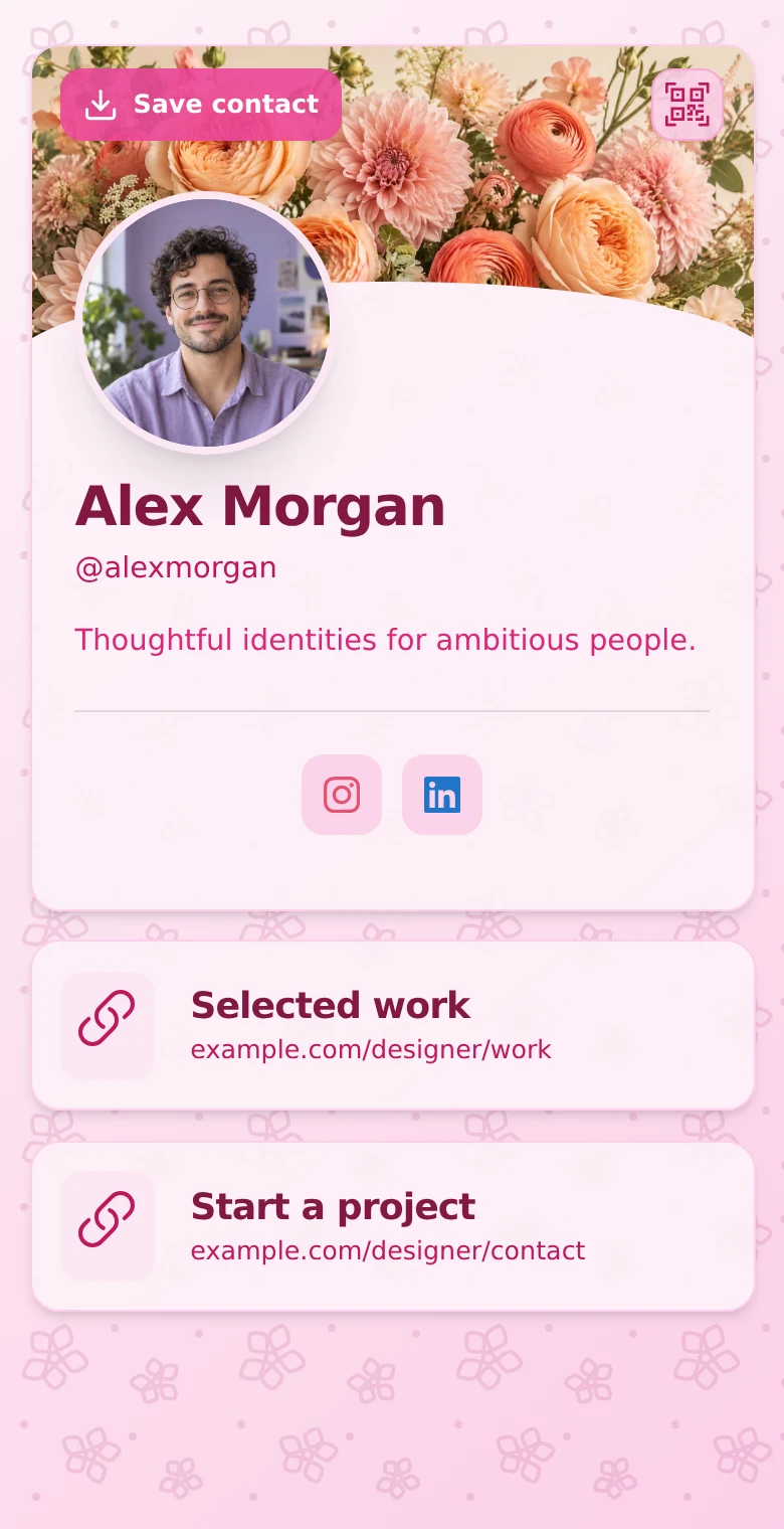 Alex Morgan’s profile: Pink · Portrait. The same introduction, Selected work, and Start a project links in every design.