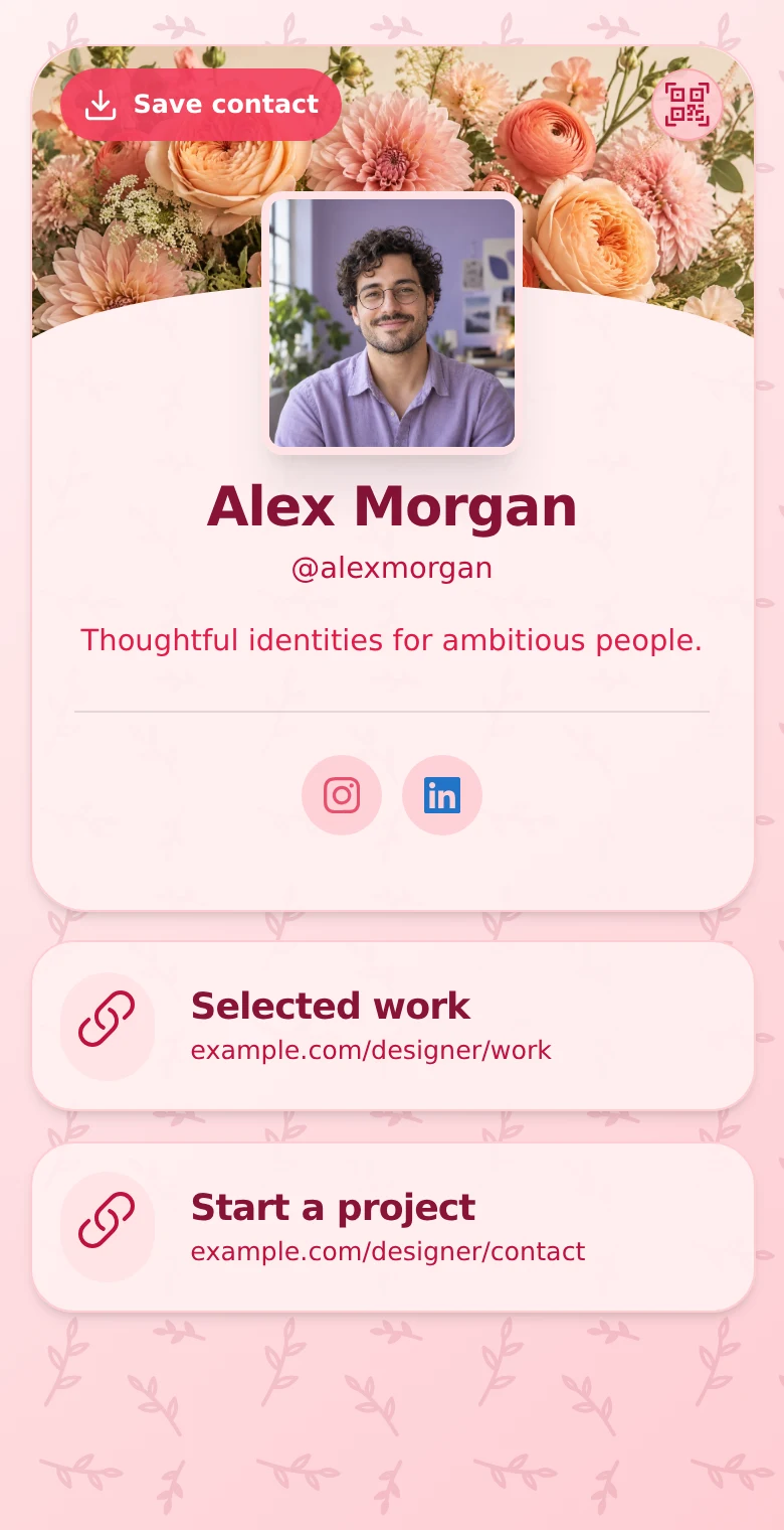 Alex Morgan’s profile: Rose · Portrait. The same introduction, Selected work, and Start a project links in every design.