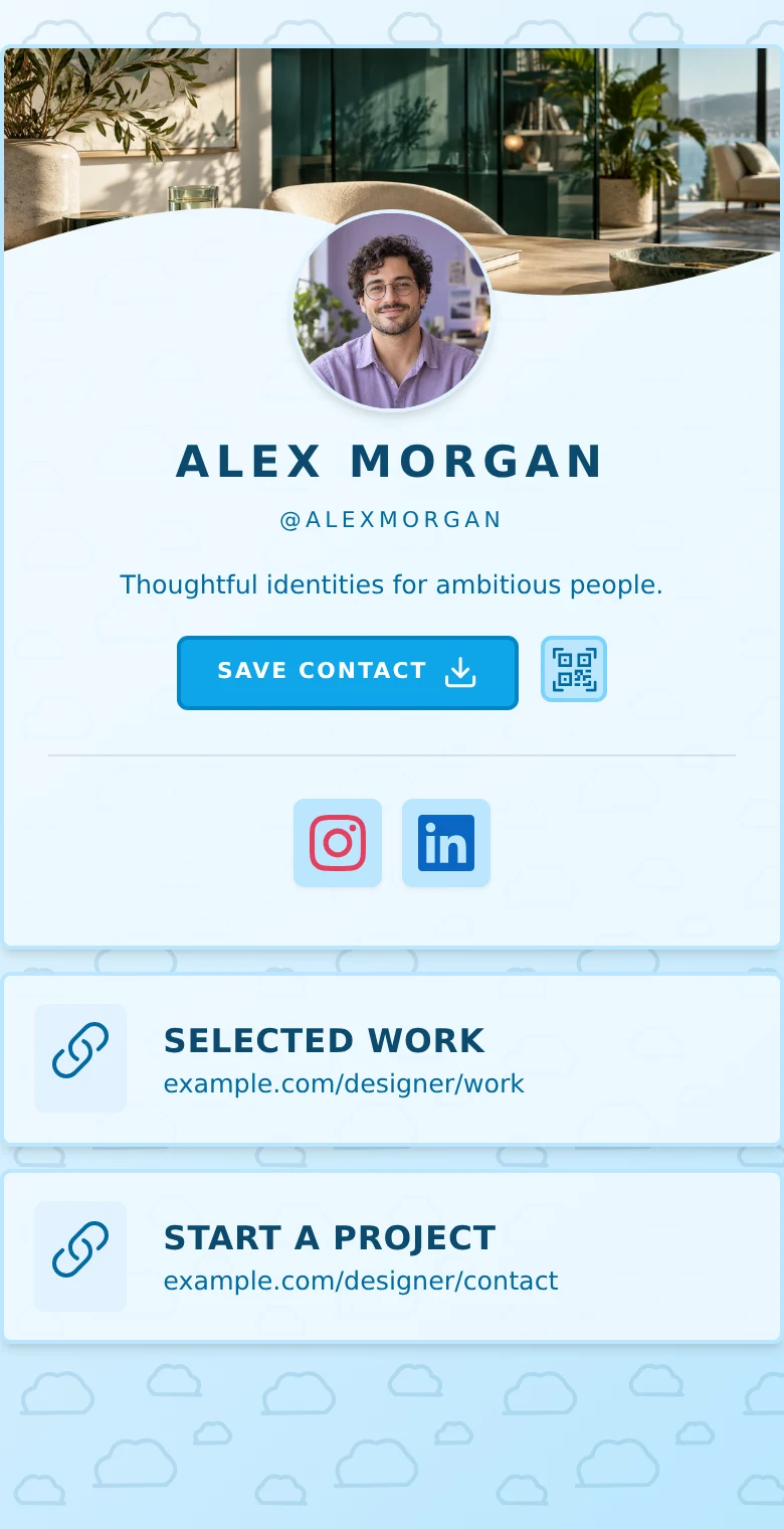 Alex Morgan’s profile: Sky · Editorial. The same introduction, Selected work, and Start a project links in every design.