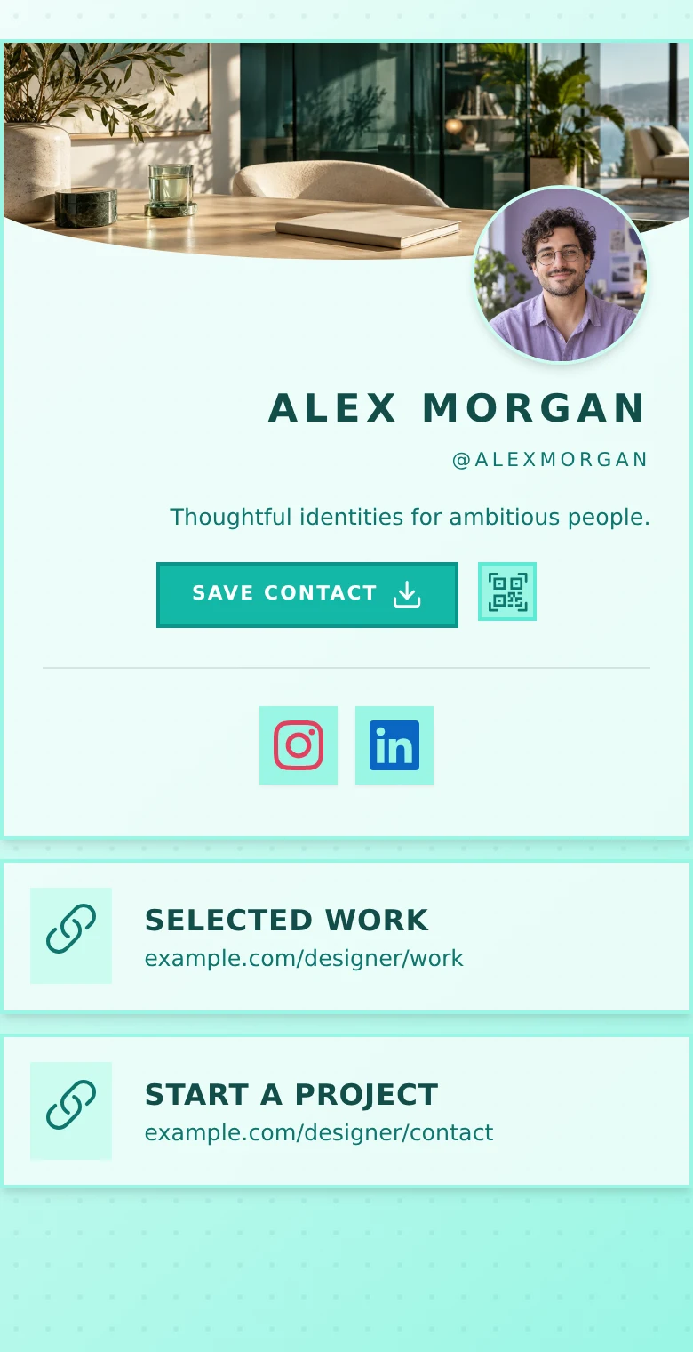 Alex Morgan’s profile: Teal · Editorial. The same introduction, Selected work, and Start a project links in every design.