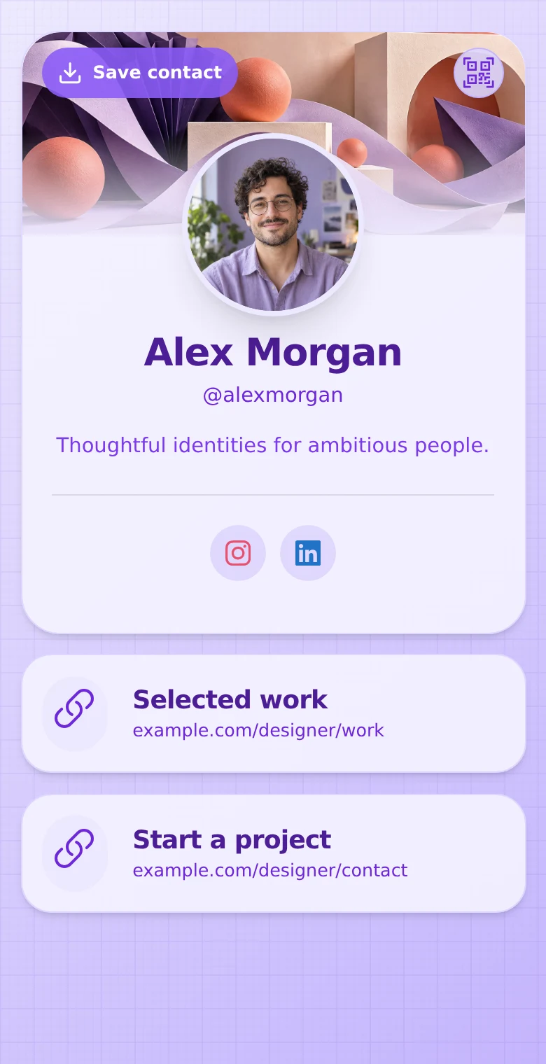 Alex Morgan’s profile: Violet · Portrait. The same introduction, Selected work, and Start a project links in every design.