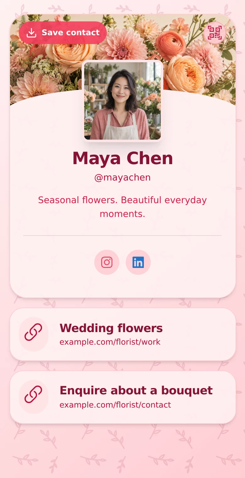 Maya Chen’s rose floral design profile with wedding flowers and bouquet enquiry links.