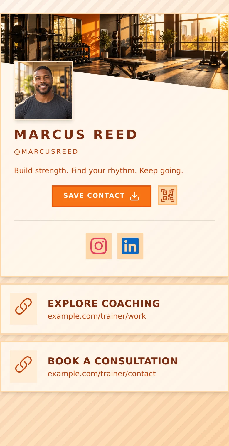 Marcus Reed’s orange training profile with coaching and consultation links.
