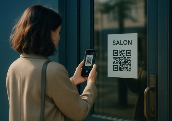 Salon station with QR linking to booking/profile