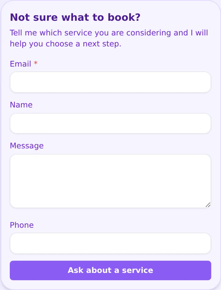 Example enquiry form for Lena Brooks, with email, name, message, and phone fields.