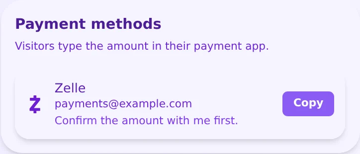QRown payment block showing an illustrative Zelle method and payment note.