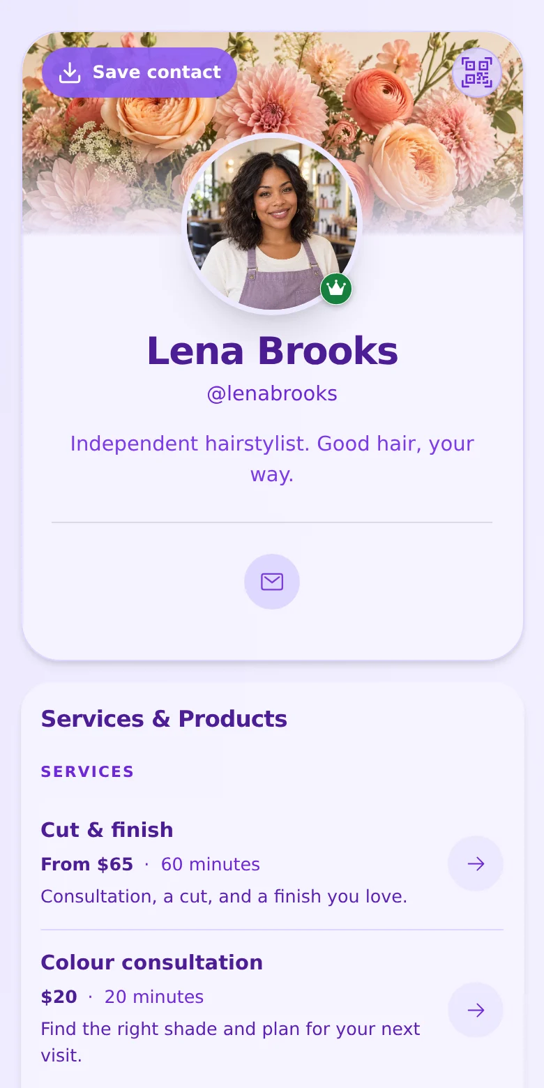 Lena Brooks’s sample hairstylist profile introducing a cut and finish and colour consultation.