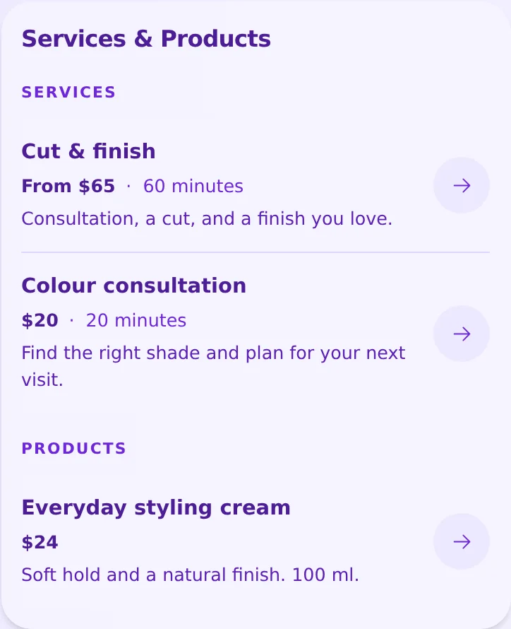 Cut and finish, colour consultation, and styling cream with example prices and durations.