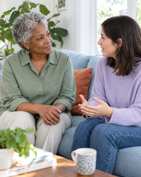 A care professional and an adult parent having an introductory conversation at home.