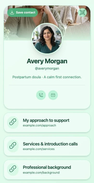 Actual QRown layout for fictional postpartum doula Avery Morgan with approach, services, background, and contact links.