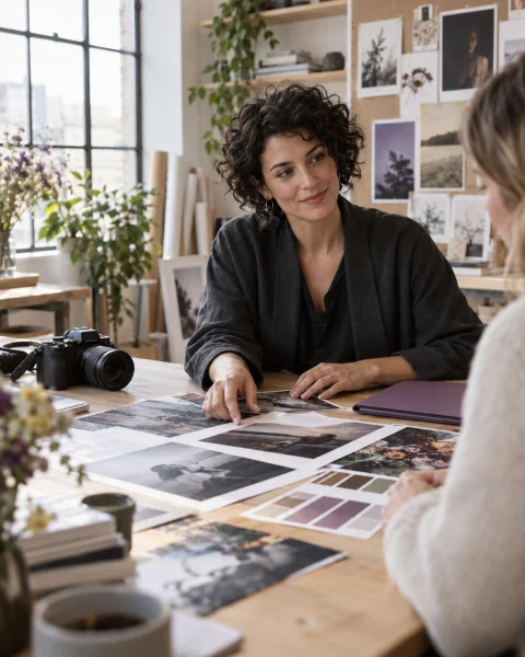 A creative professional discussing photographs and design samples with a client.
