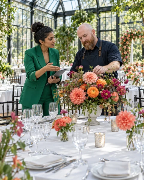 An event planner and floral designer preparing a venue before guests arrive.