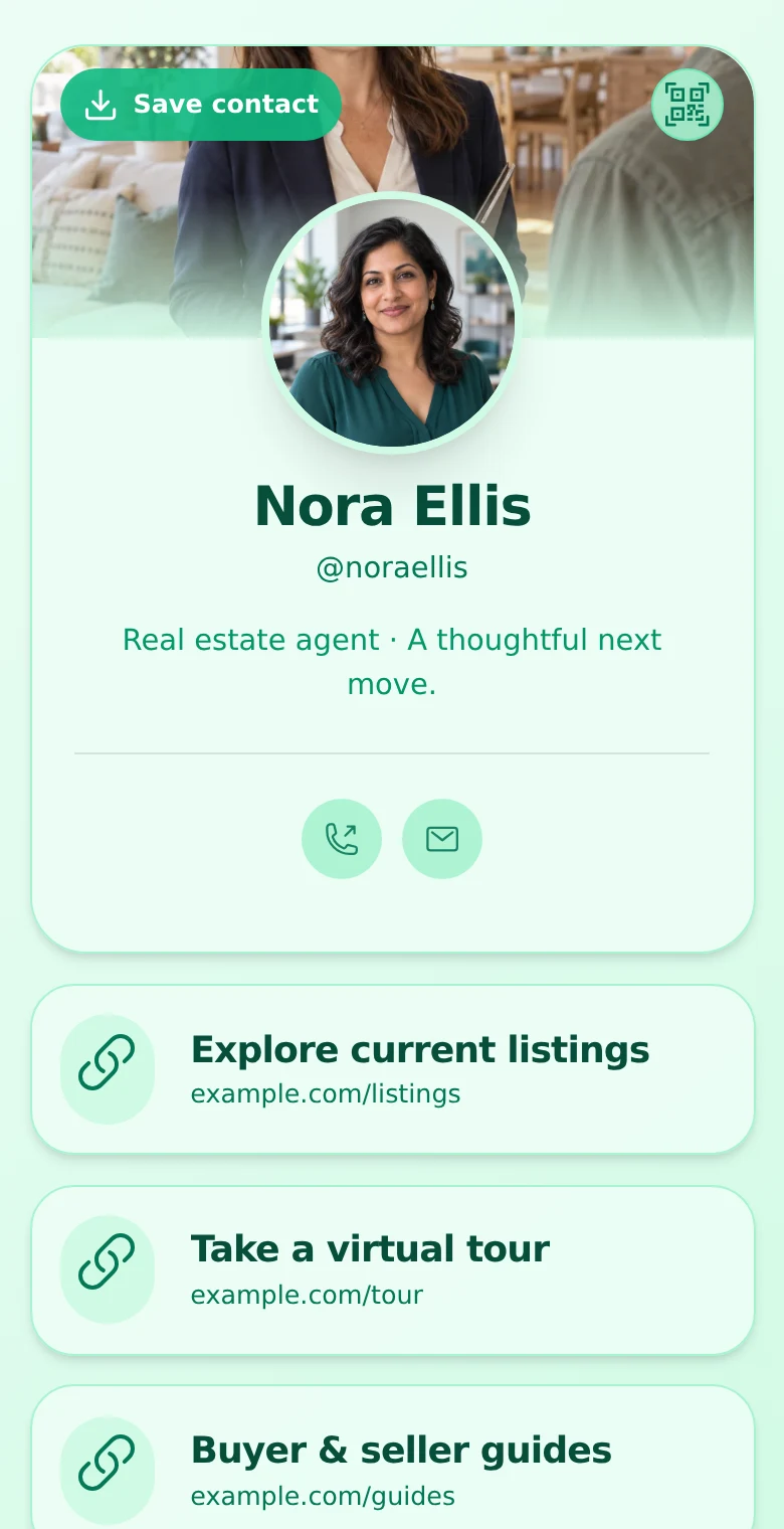 Example Nora Ellis real estate profile rendered with QRown’s actual layout, with Save Contact, property links, and phone and email actions.